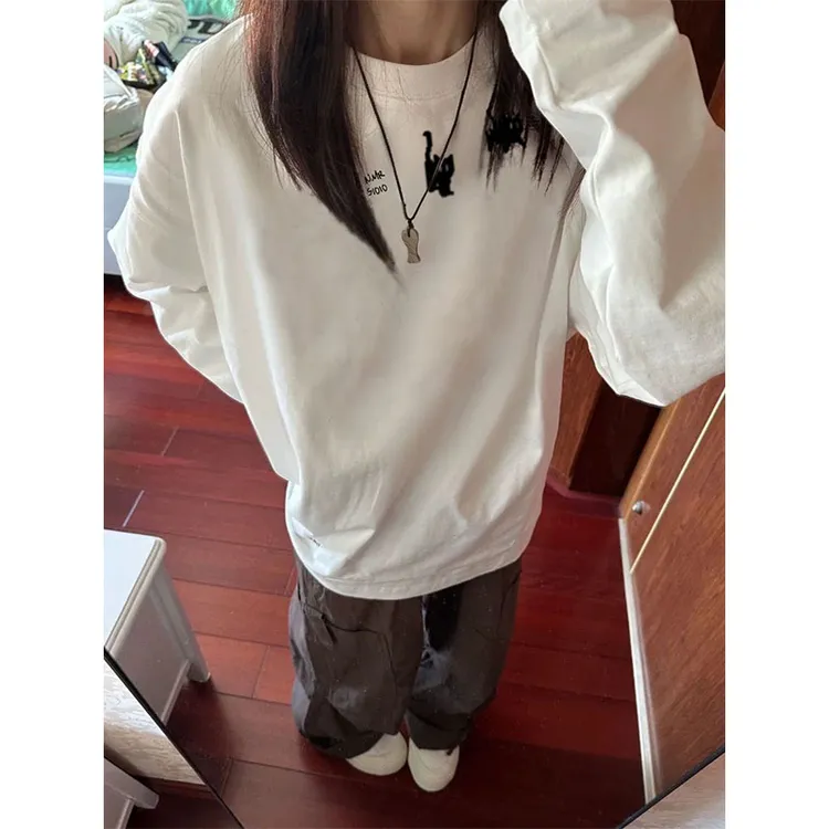 韩系慵懒松弛感白色长袖T恤女春秋季小众别致宽松内搭打底衫上衣