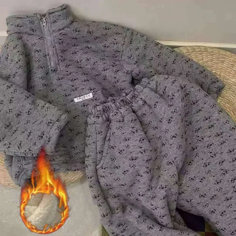 2025秋冬装女男童加厚韩套装儿童加绒加厚立领拉链卫衣卫裤两件套