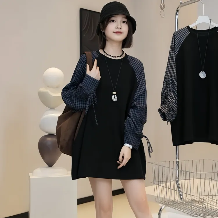 简约拼接格子长袖卫衣女2025秋季大码胖MM宽松时尚百搭假两件上衣