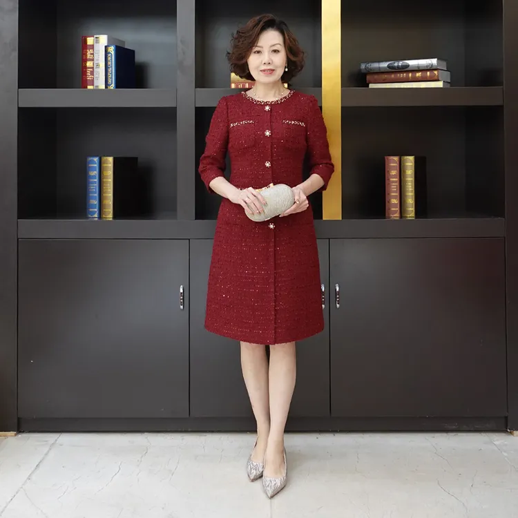 YINGDAK/应大酒红复古优雅小香风修身减龄时尚喜婆婆喜妈妈礼服裙