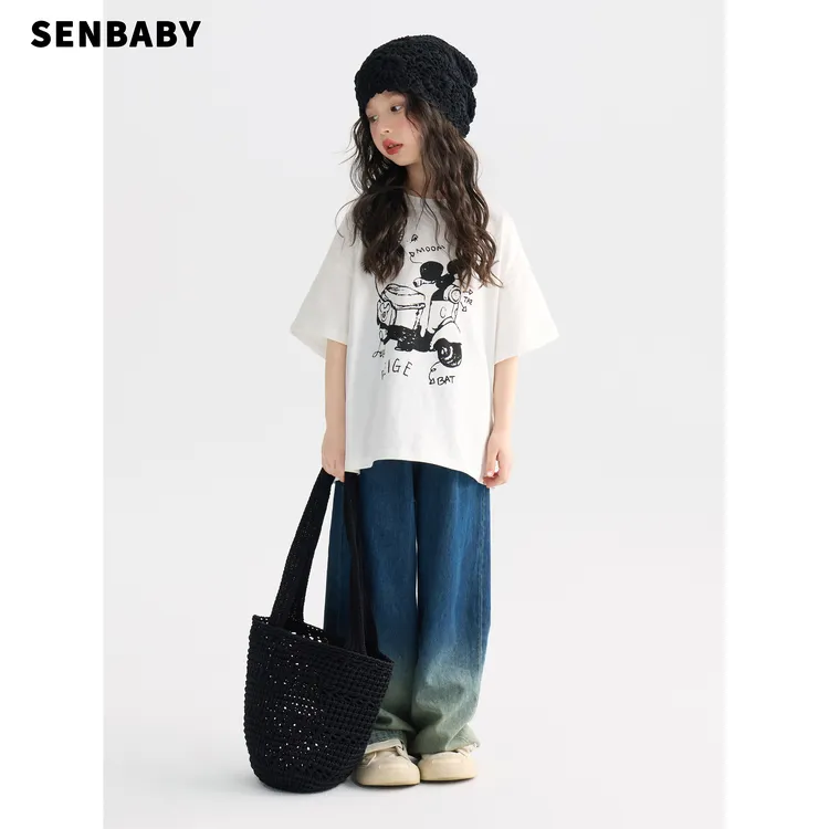 【现货】senbaby女童摩托印花T恤2025新款夏装潮酷机车风短袖上衣
