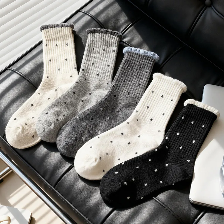 袜子女秋冬季加绒加厚中筒袜波点花边毛圈袜保暖毛巾袜长筒堆堆袜