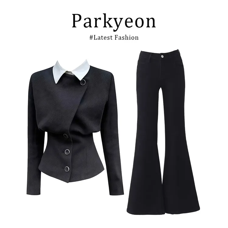 INS CEC御姐风假两件毛呢外套女秋季新款直筒显瘦牛仔裤两件套女