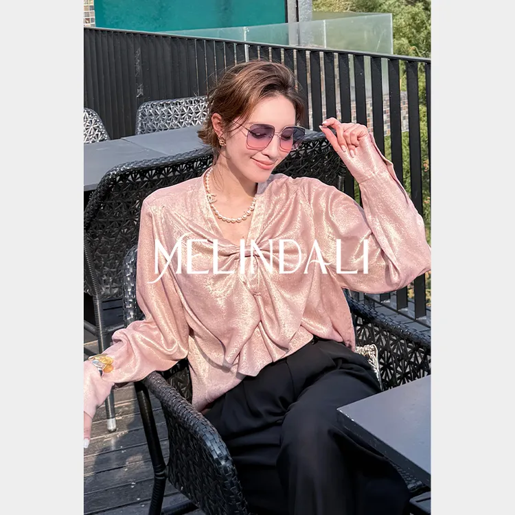 Melinda Li【粉金蝴蝶】定制珠光烫金缎面感围裹式优雅气质衬衫上衣