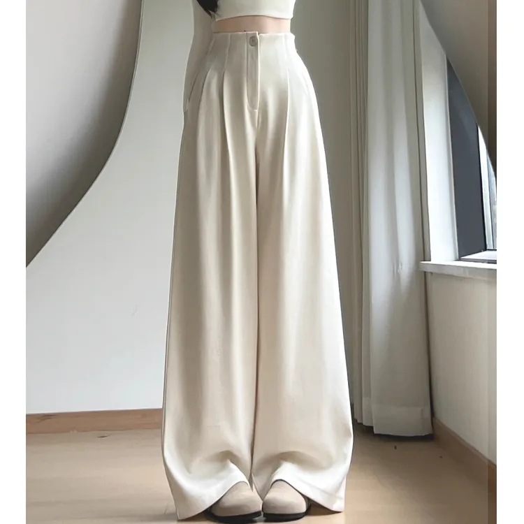 米白色毛呢西装糯米裤女秋冬季2025年新款高腰显瘦垂感加厚阔腿裤