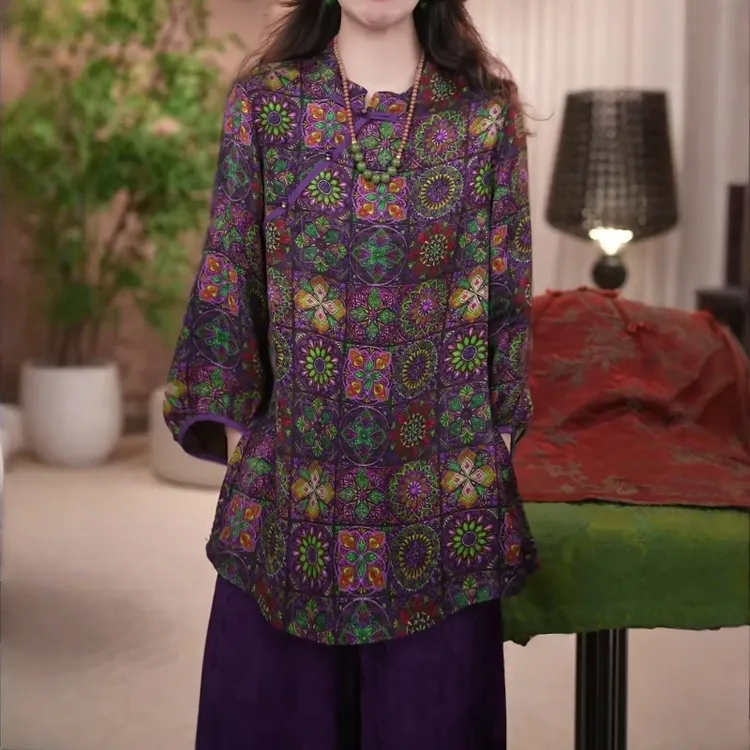 早秋新款新中式国风复古盘扣上衣女士高级感显瘦遮肉休闲印花小衫
