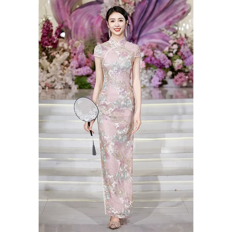 （杜周老师专属）刺绣粉色亮片绣花2025年新款走秀旗袍复古长款礼服