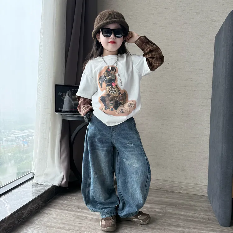 女童秋季韩版时尚拼接T恤卫衣中大童女孩潮酷休闲风牛仔阔腿裤潮