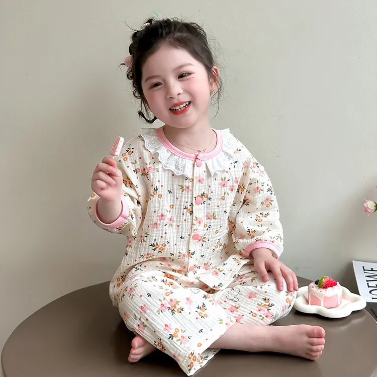 儿童全棉纱布睡衣夏季薄款小女孩女童春秋季家居服套装宝宝空调服