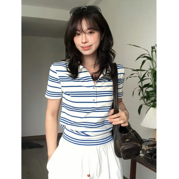 蓝白条纹polo衫女韩系独特绝美小上衣夏季显瘦正肩小个子短袖t恤