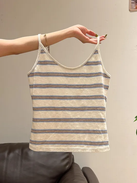 蓝白撞色条纹修身无袖背心吊带时尚内搭打底小上衣女2025早秋新款