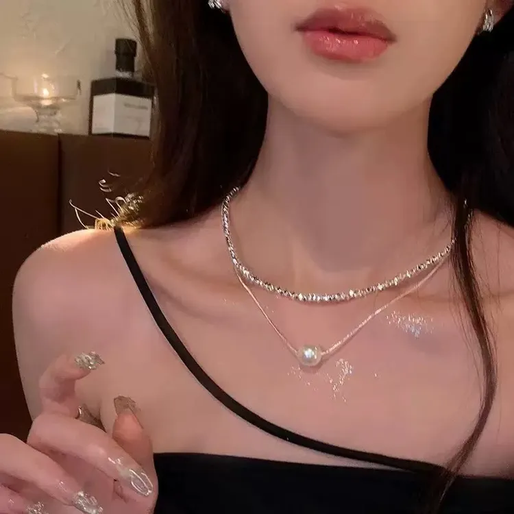 碎银珍珠双层项链女夏天高级设计感百搭锁骨链2025新款爆款配饰品
