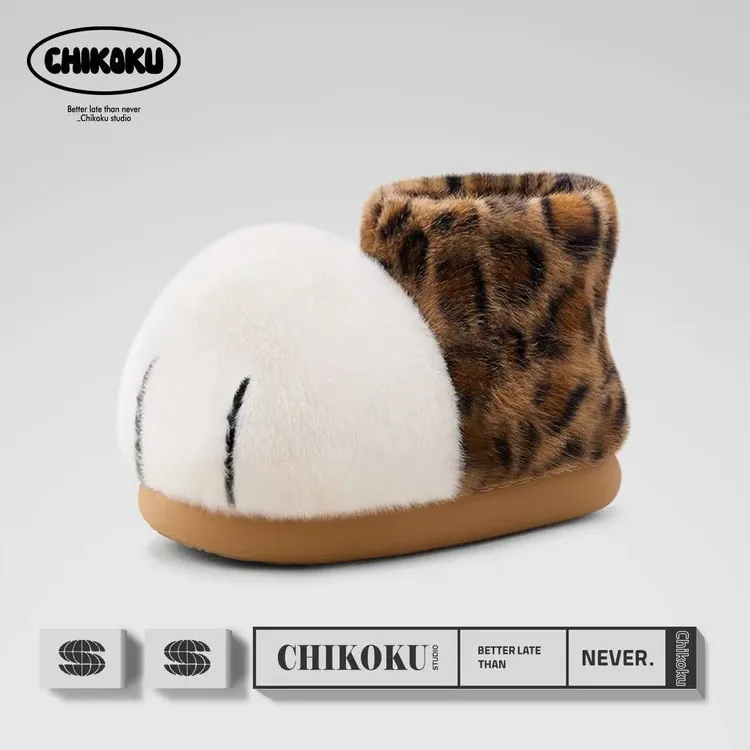 chikoku雪球猫爪棉靴亲子包跟棉拖鞋女冬家居加绒毛毛鞋女冬外穿