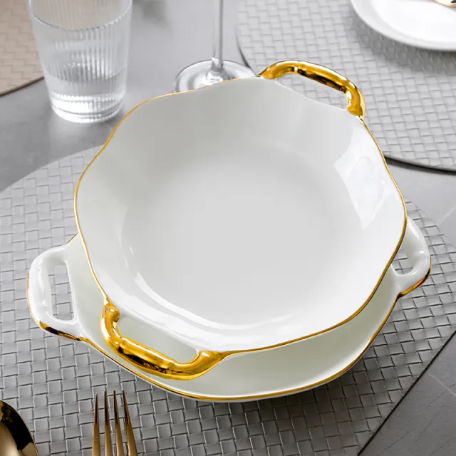 双耳骨瓷盘子金边感烤箱盘西餐盘蔬菜水果盘子饭盘肉盘陶瓷菜盘