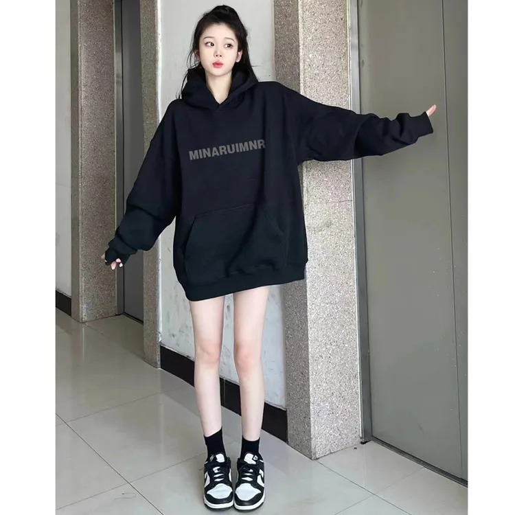 黑色美式复古卫衣女慵懒风2025新款爆款连帽秋冬宽松加绒上衣外套