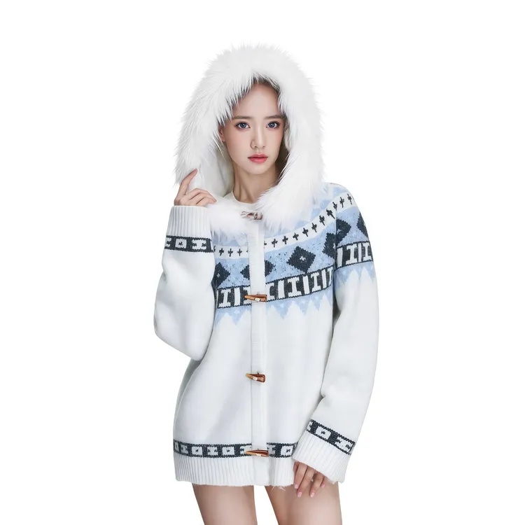 FDR WSP 秋季可拆卸毛领费尔岛连帽毛衣外套男女情侣款撞色针织衫