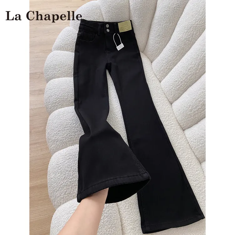 拉夏贝尔美式加绒微喇牛仔裤女2025秋冬新款高腰显瘦百搭喇叭长裤