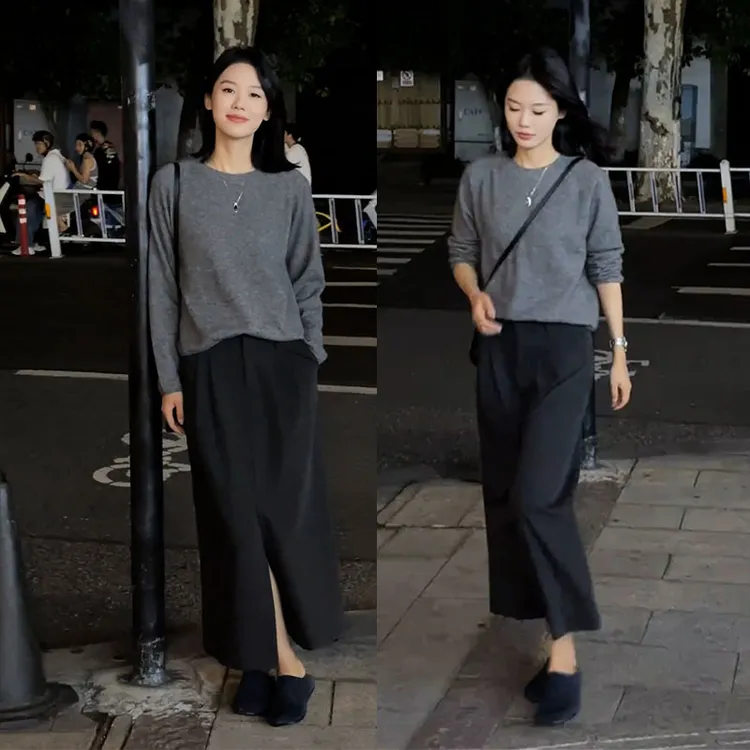 气质一整套ootd穿搭灰色针织衫上衣高腰半身裙大方得体春秋两件套