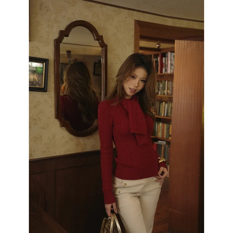 Lekii 复古气质修身遮肉围巾打底女秋冬法式长袖显瘦毛衣KXB20359