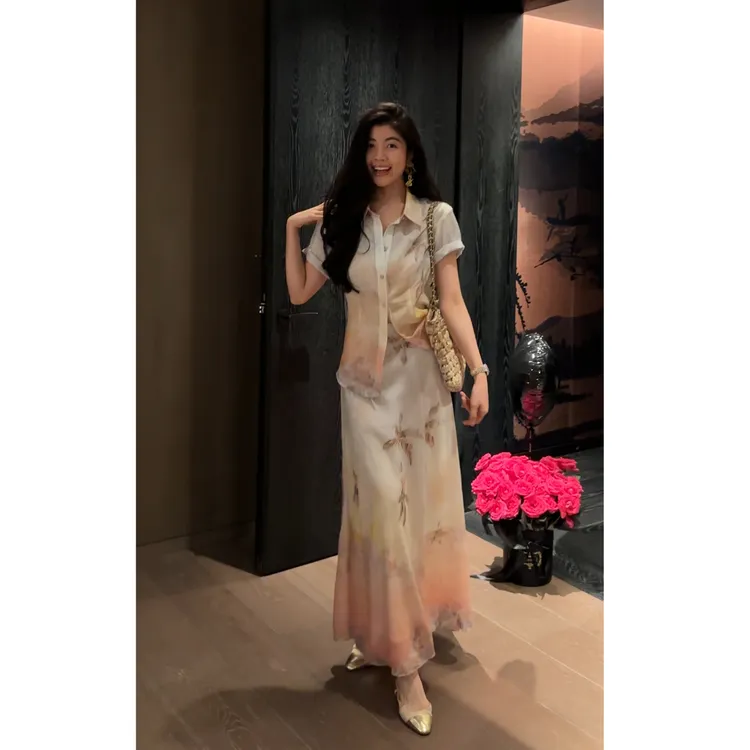 N.COU妮蔻25夏新款度假风洋气渐变定位印花莱赛尔衬衫半裙DY22616