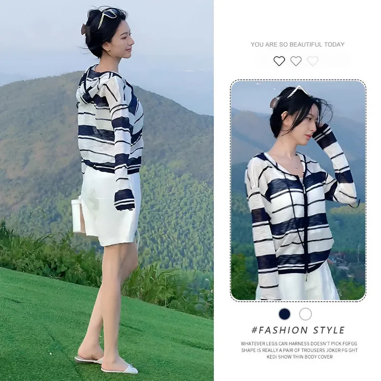 韩版条纹连帽拉链短外套女夏季2025年新款设计感宽松时尚百搭上衣