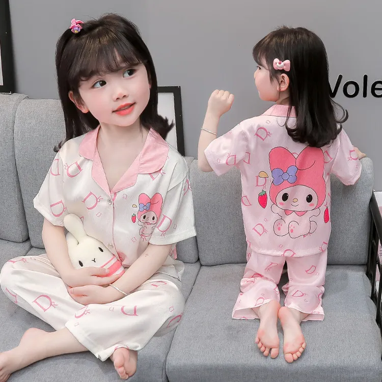 女童夏季冰丝2025新款中小童睡衣女孩薄款开衫家居服宝宝公主套装