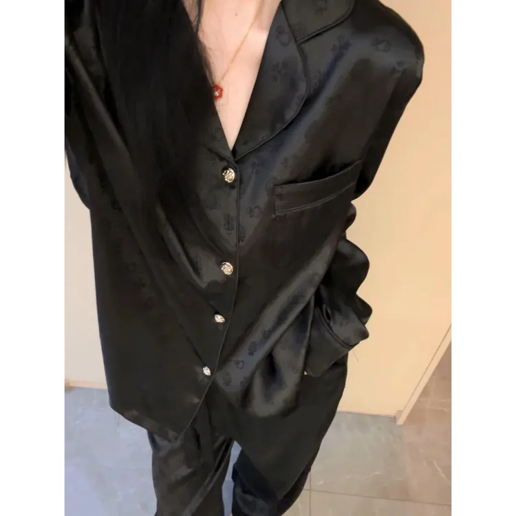 高级缎面凉感冰丝绸睡衣女春秋款珠光家居服大码长袖长裤套装外穿