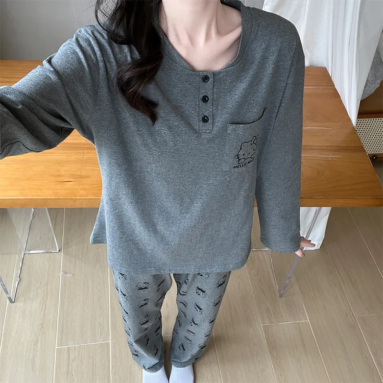 Meng luan/梦鸾新款卡通小猫口袋睡衣女可外穿纯棉长袖家居服套装