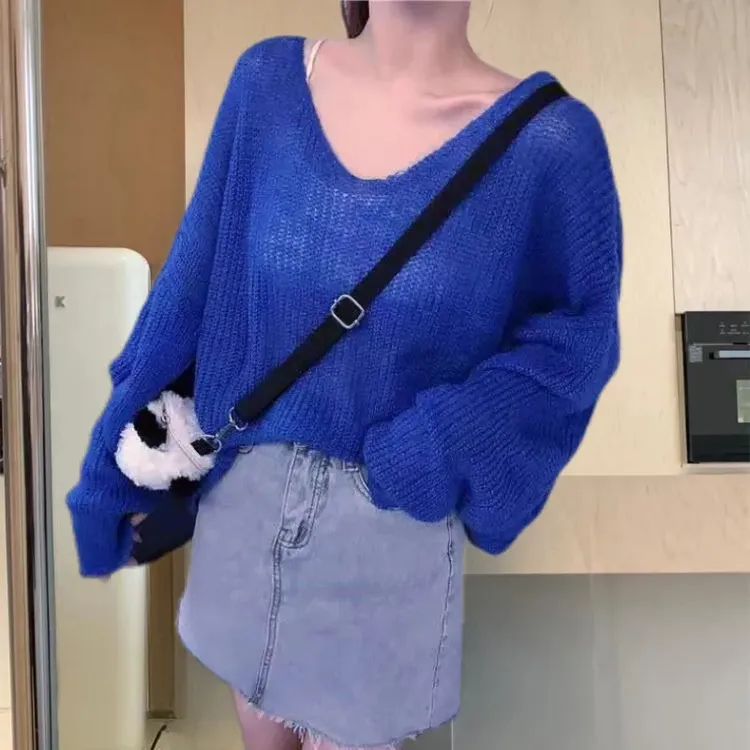 宽松针织衫深v领上衣女高档女装薄款大v领毛衣套装超仙纯欲风