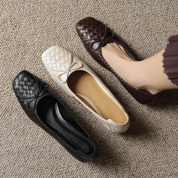 巨好穿法式单鞋女春秋季编织蝴蝶结方头低跟粗跟真皮中跟米白色40