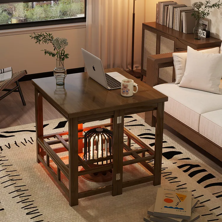 美物俪家冬季烤火桌家用烤火桌炉一体取暖折叠桌子楠竹烤火架餐桌