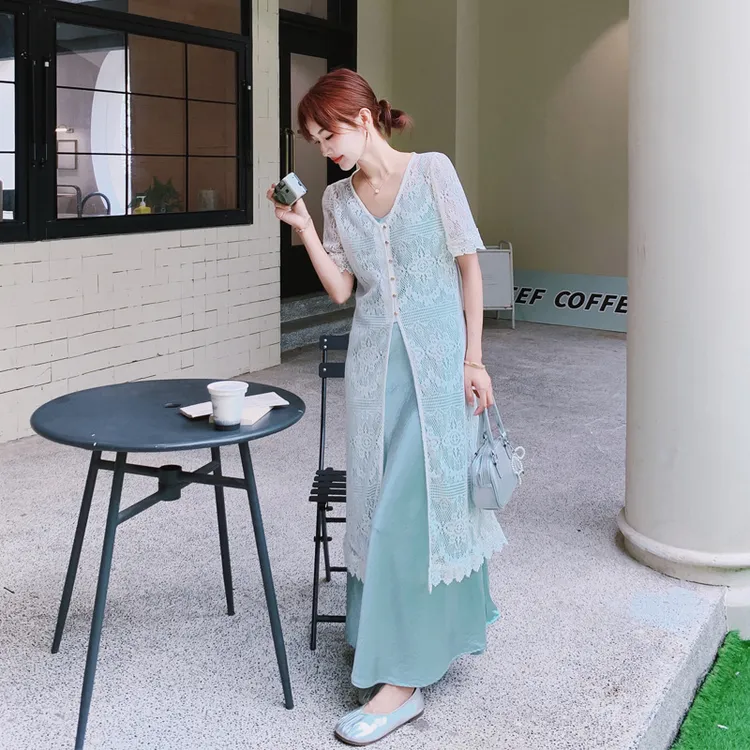 优雅气质套装裙夏季女2025新款海边度假风纯欲蕾丝罩衫缎面吊带裙