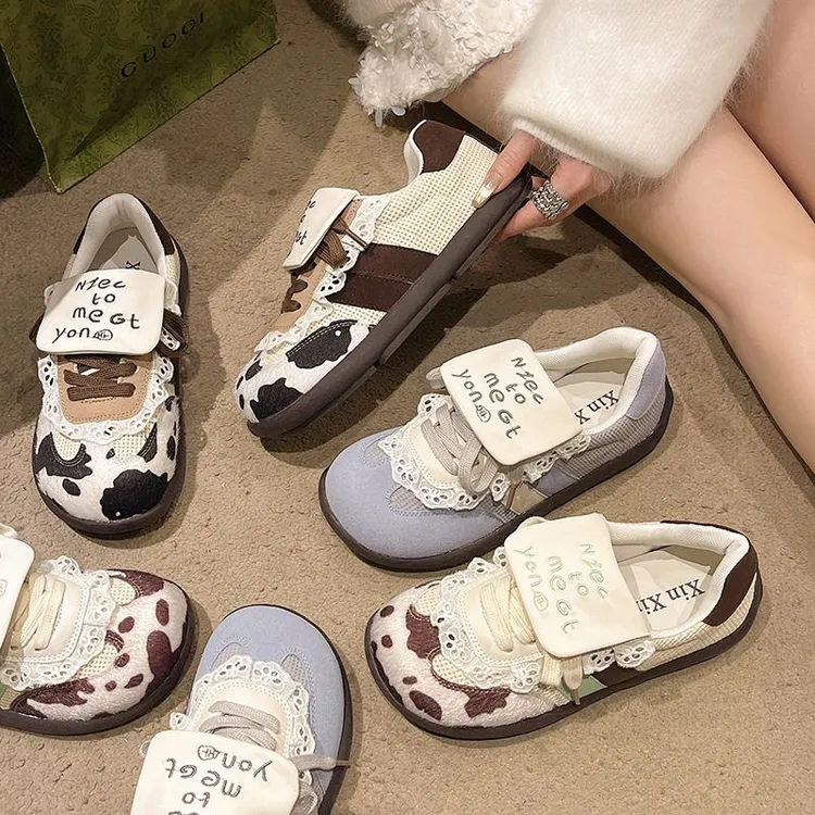 小众设计感蕾丝豹纹翻盖德训鞋女2025春季新款百搭休闲板鞋泡芙