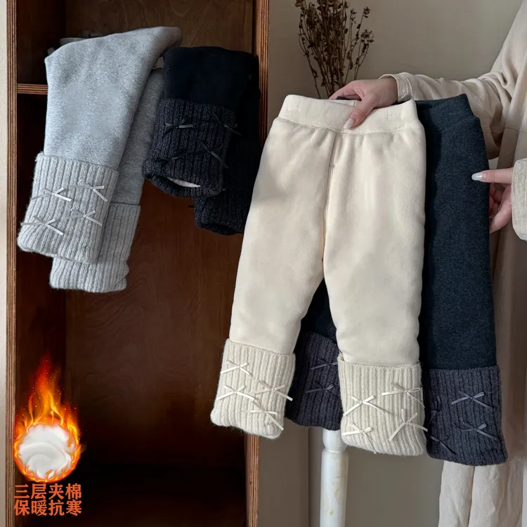 女童冬季三层夹棉保暖抗寒棉裤宝宝蝴蝶结拼接堆堆袜百搭裤子洋气