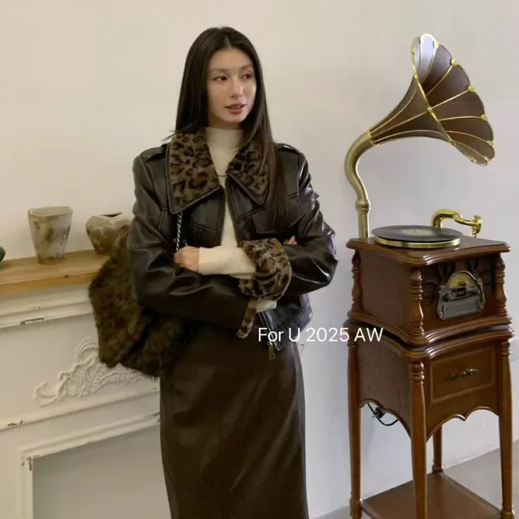 欧货洋气豹纹领立领拼接PU皮短款气质小众设计羽绒皮外套