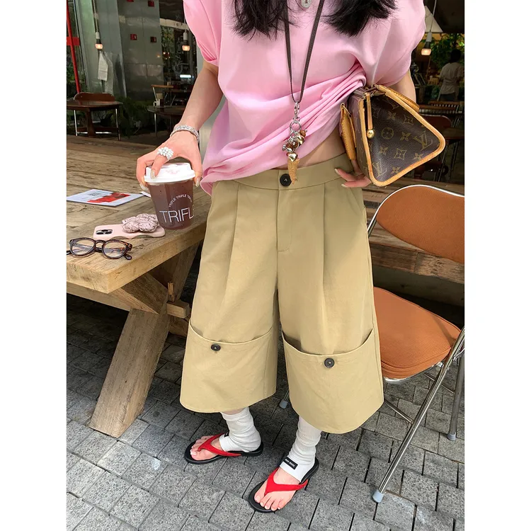 区区欧阳翻边七分裤女夏季新款美式复古休闲裤宽松阔腿裤裤子