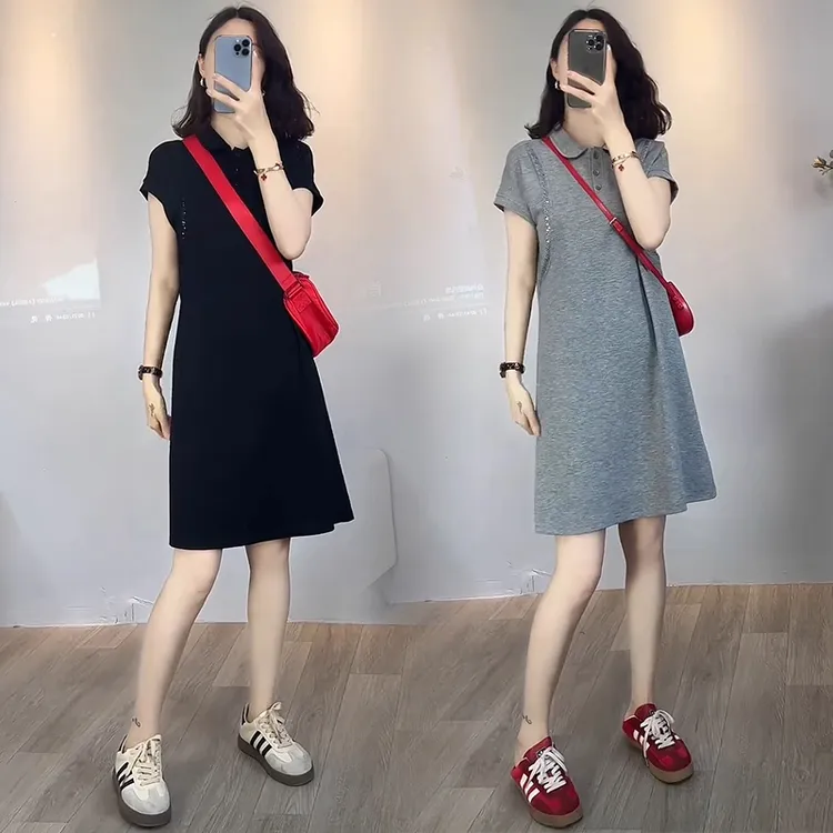 休闲时尚连衣裙女2025夏季新款洋气显瘦中长款减龄POLO领T恤裙子