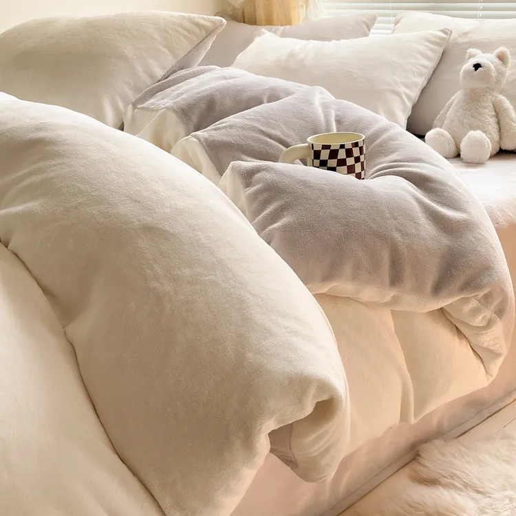 简约纯色牛奶绒床上四件套双面加绒珊瑚绒被套床单三件套冬季床品