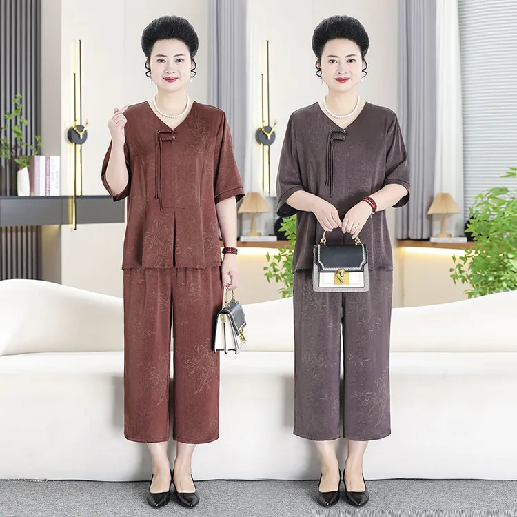 大码妈妈装夏季新款国风套装中老年时尚洋气上衣+裤子两件套2588