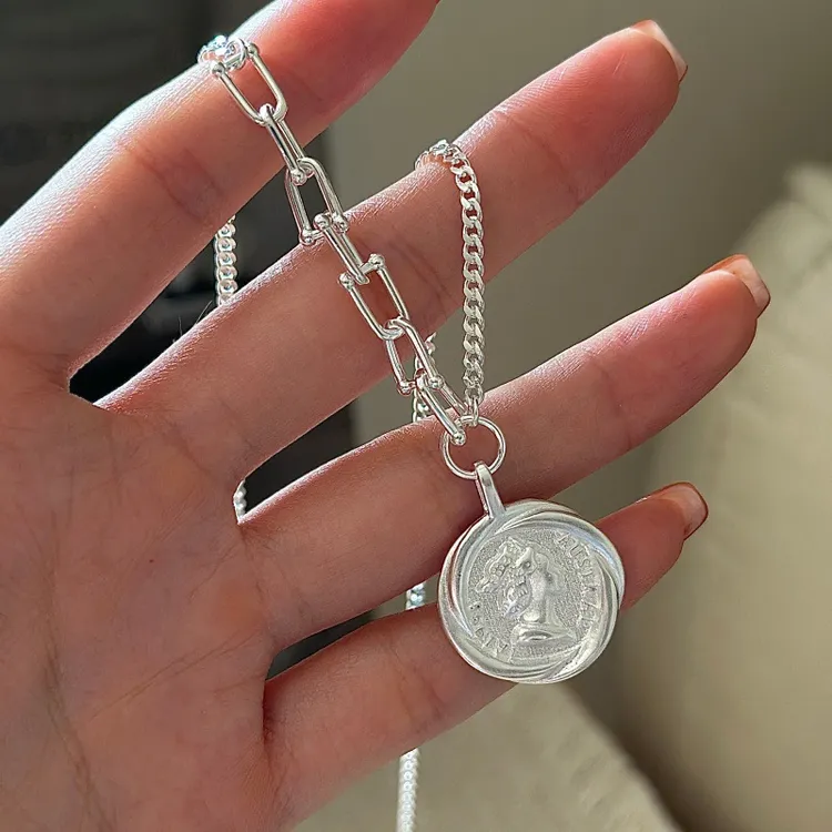 坠链均925银 韩版小众设计感复古人像项链女韩式风简约马蹄锁骨链
