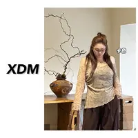 【琥珀流光】斜肩木耳花边袖口下摆设计网纱高级感早秋上衣T恤3722