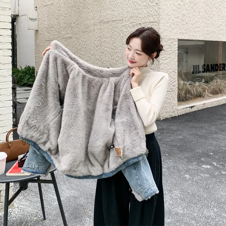 复古港风毛绒绒拼接牛仔外套2025冬季新款时尚百搭韩版短款厚棉服