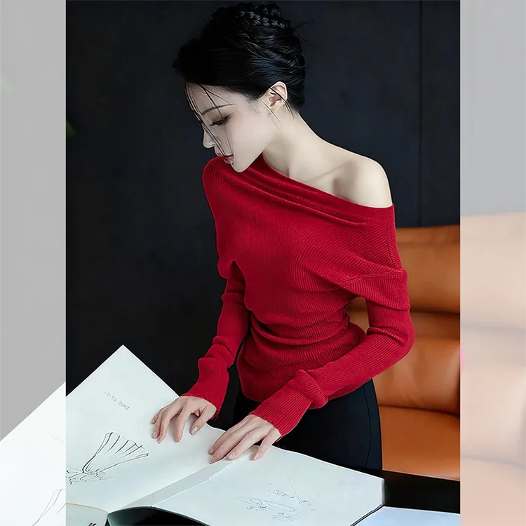 独特漂亮红色斜肩小衫设计小众针织衫洋气高贵露肩上衣服女装秋冬