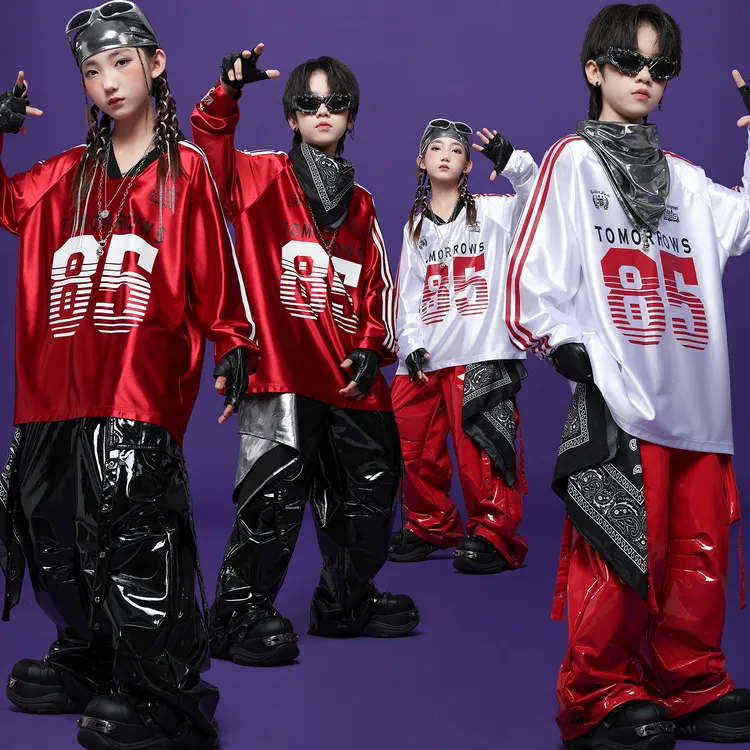 街舞儿童嘻哈演出服男女童帅气美式T恤皮裤hiphop架子鼓走秀服装