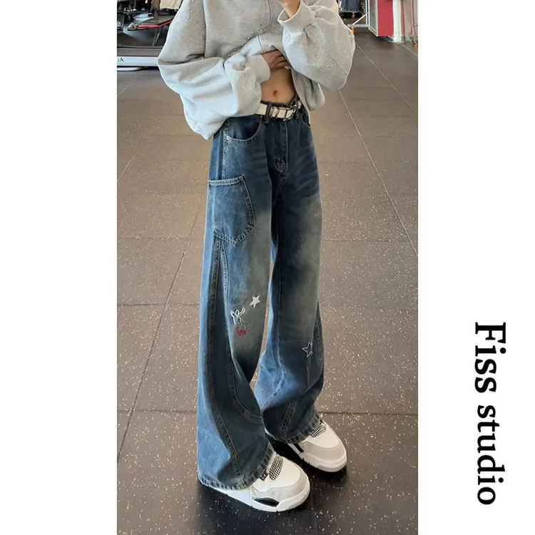 爆款春秋秋季高街微弹休闲潮牌长筒裤水洗牛仔裤阔腿裤显瘦男