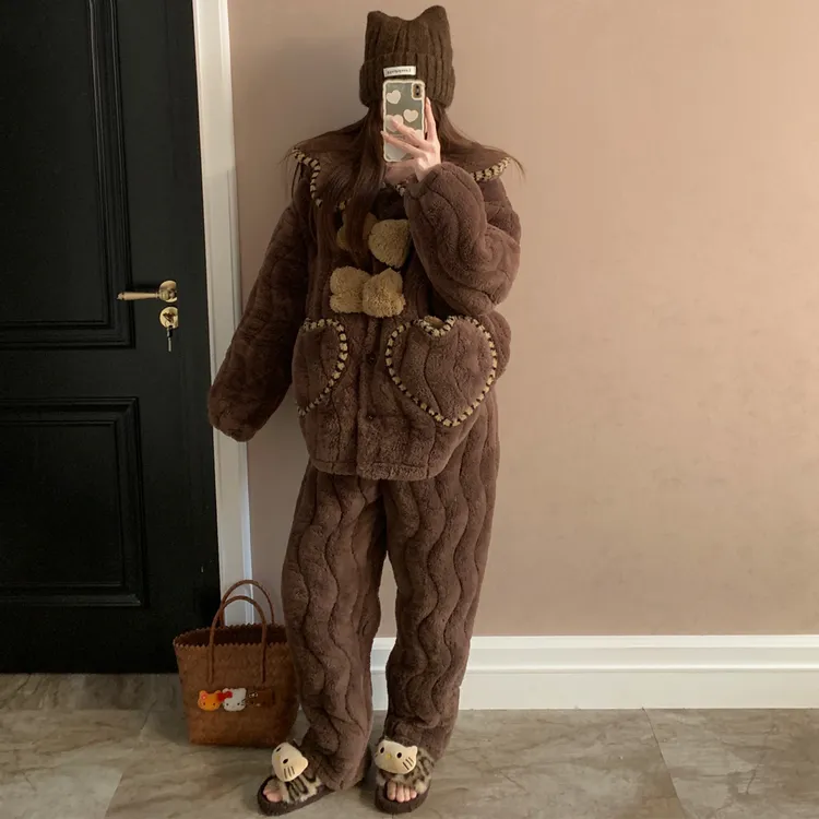 柔软珊瑚绒睡衣女款秋冬季三层夹棉加厚湖南省省服美拉德系家居服