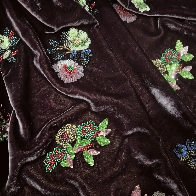 高端丝绒刺绣面料【樱花——暗紫】