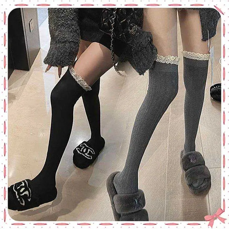 长筒袜子女秋冬加厚蕾丝花边针织过膝袜日韩显瘦纯欲风高筒袜长袜