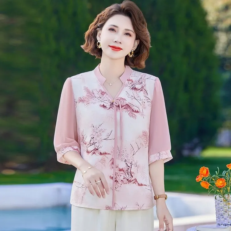 母亲节妈妈夏装2025新款短袖雪纺衫时尚上衣中式套装中老年t恤女