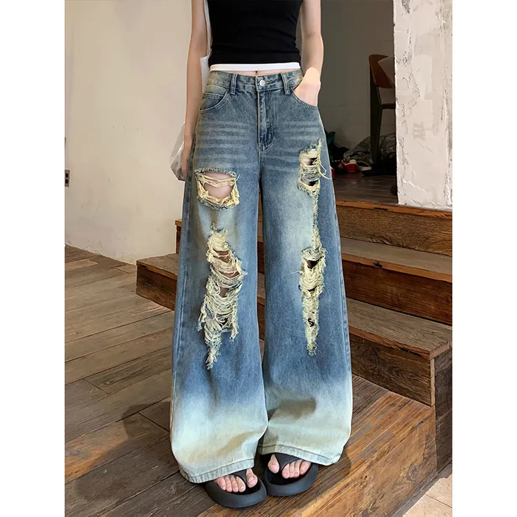 300斤大码女装复古渐变破洞设计牛仔裤女2025新款高腰显瘦阔腿裤